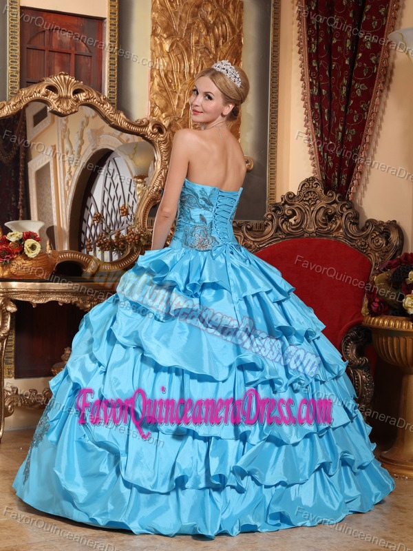 Aqua Blue Ball Gown Strapless Taffeta Dress for Quinceanera with Appliques