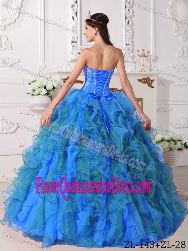 Sweetheart Embroidery Blue Ball Gown Quince Dresses in Satin and Organza