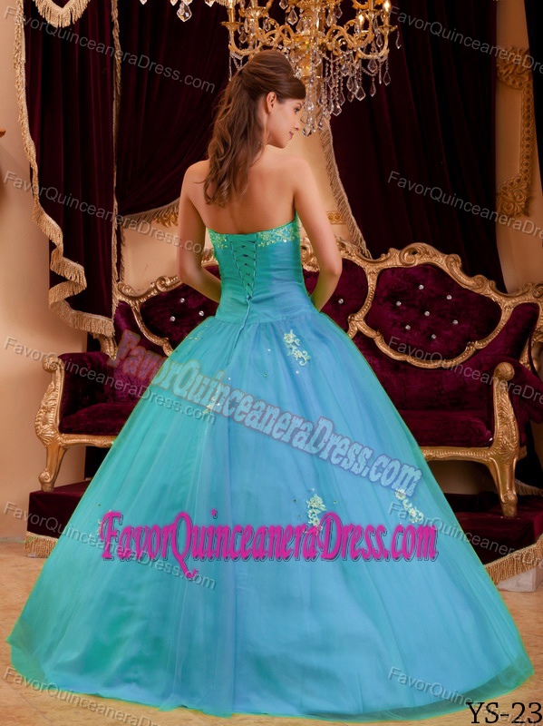 Princess Strapless Floor-length Appliqued Blue Quinceanera Dresses in Tulle