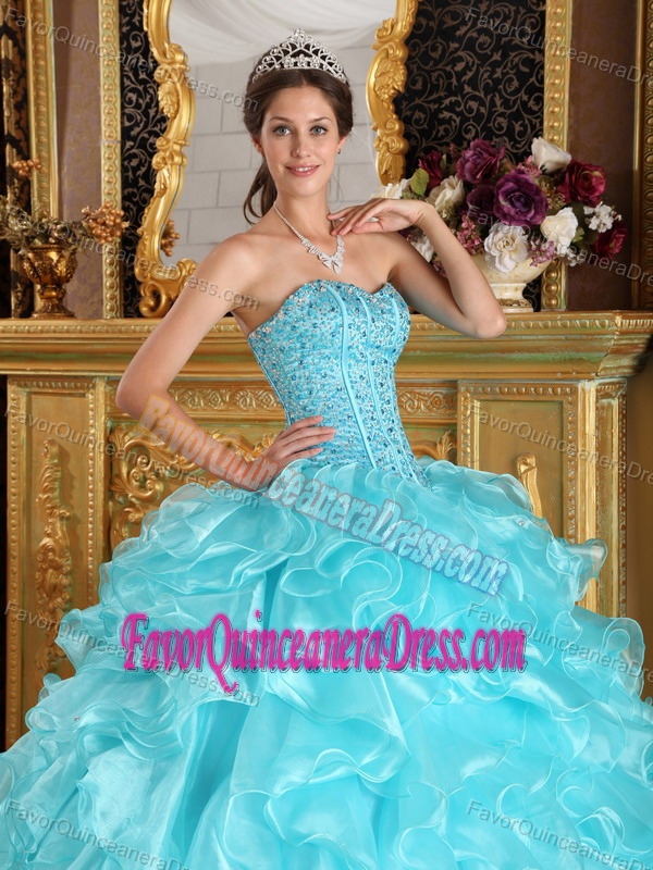 Fancy Aqua Blue Sweetheart Ruffled Quinceanera Dress Made in Organza Fabric