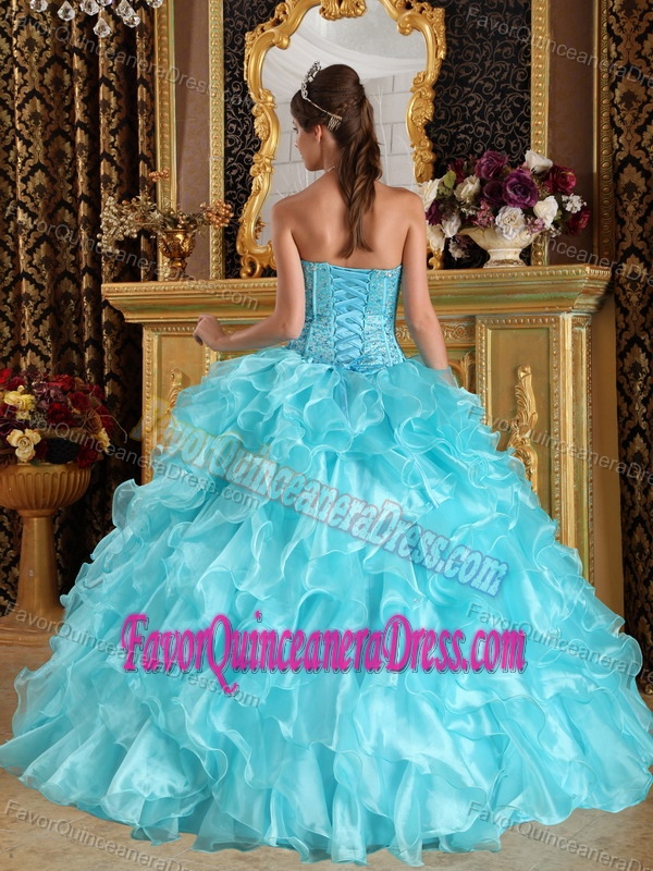 Fancy Aqua Blue Sweetheart Ruffled Quinceanera Dress Made in Organza Fabric