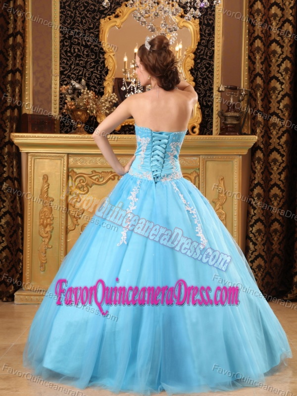 Popular Appliqued Aqua Blue Quinceanera Dress Made in Tulle Fabric on Sale