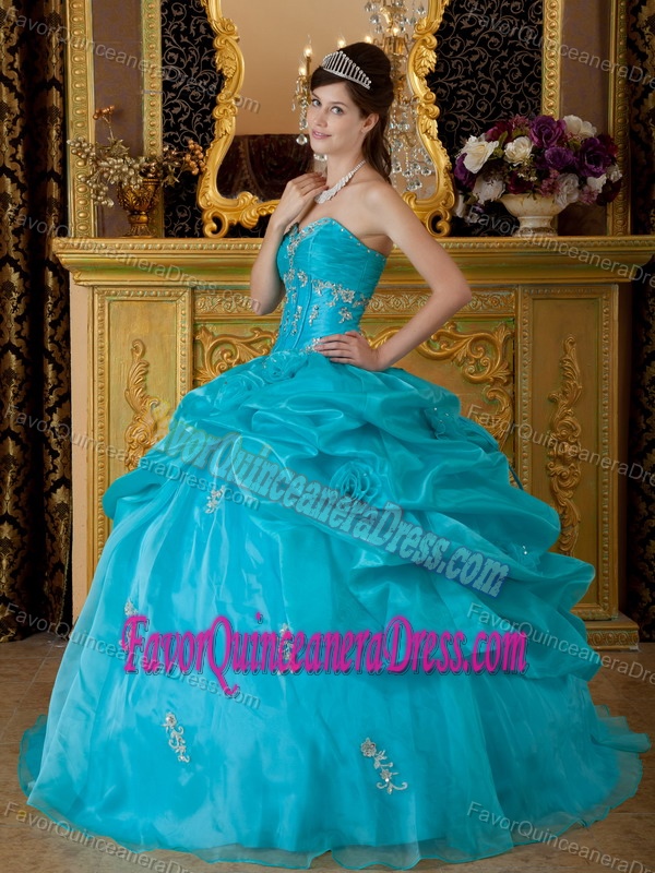 Latest Teal Sweetheart Appliqued Quinceanera Dress with Pick Ups in Organza