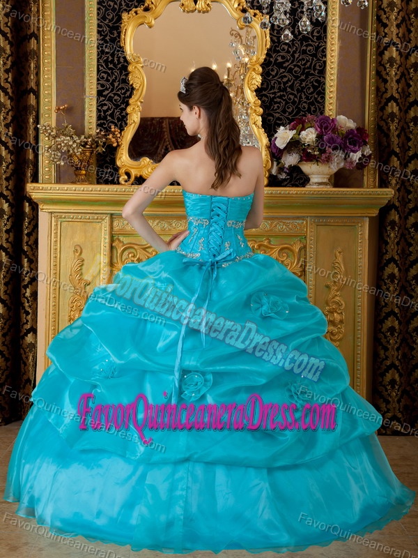 Latest Teal Sweetheart Appliqued Quinceanera Dress with Pick Ups in Organza