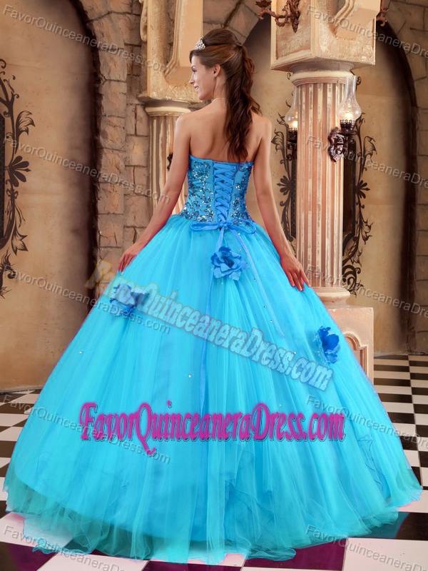 Aqua Blue Satin and Tulle Quinceanera Dress with Beading and Hand Flowers