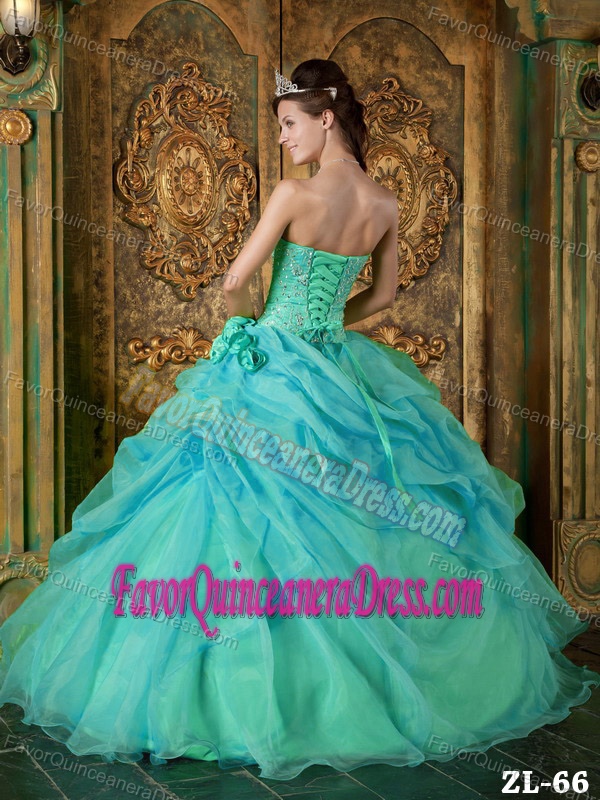 Beaded Strapless Organza Quinceanera Dress with Beading and Hand Flowers