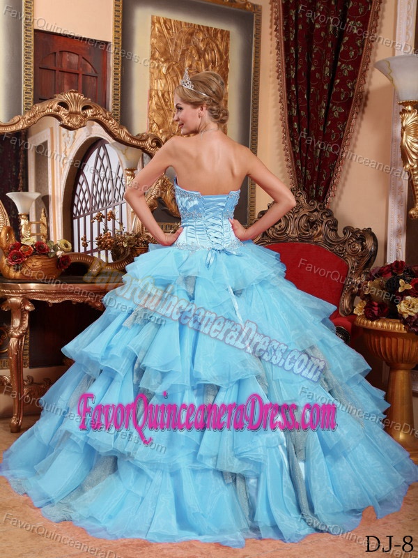 Aqua Blue Sweetheart Beaded Quinceanera Dress with Ruffled Layers on Sale