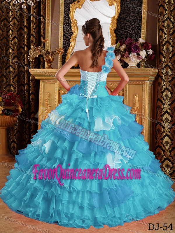 Hand Flower One Shoulder Organza Quinceanera Dress with Ruffles and Beading