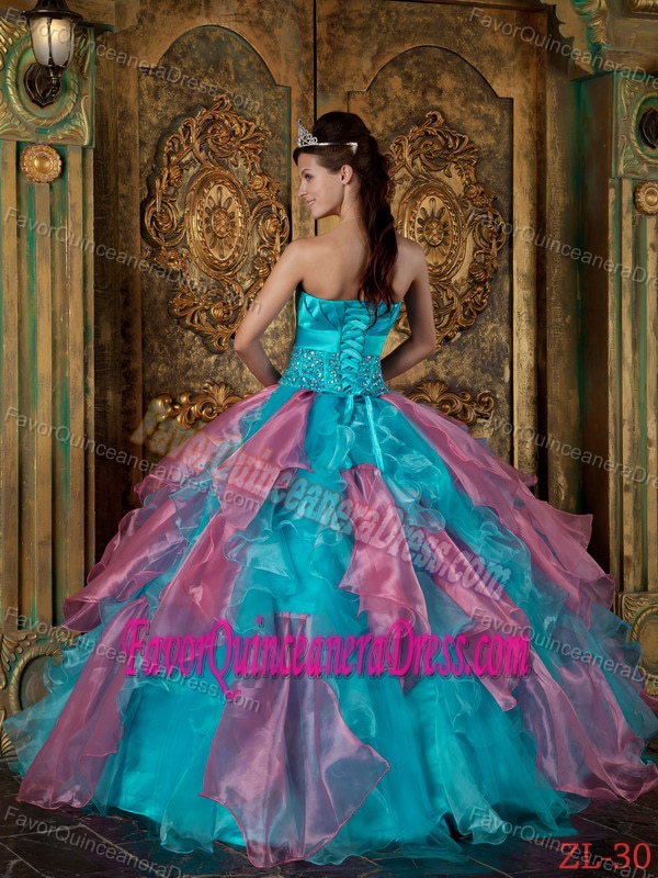 Multi-color Strapless Beaded and Ruffled Quinceanera Dress Made in Organza