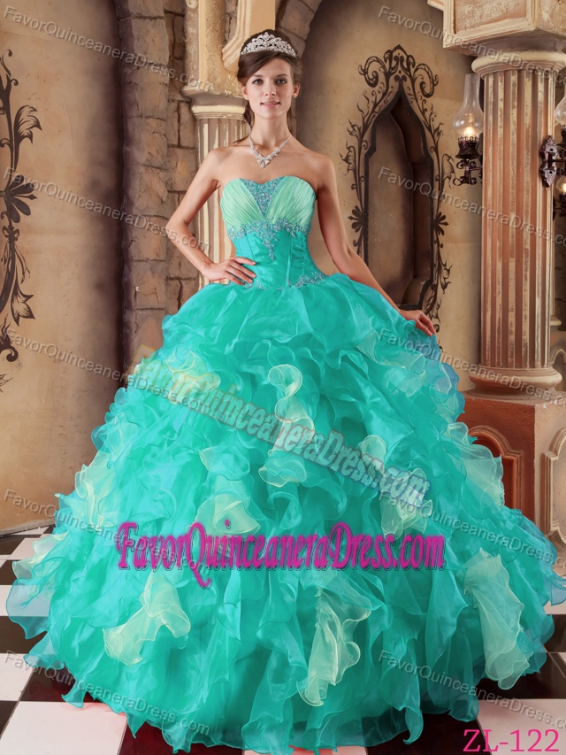 New Strapless Floor-length Beaded and Ruffleed Quinceanera Dress in Organza