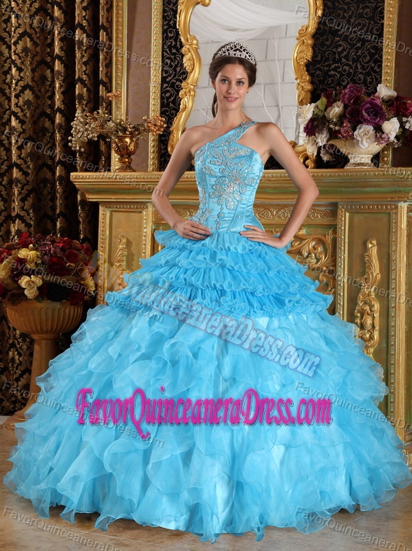 Aqua Blue One Shoulder Satin and Organza Quinceanera Dress with Beading