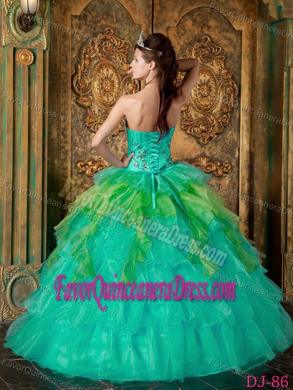 Turquoise Strapless Appliqued Quinceanera Dresses with Ruffles on Sale
