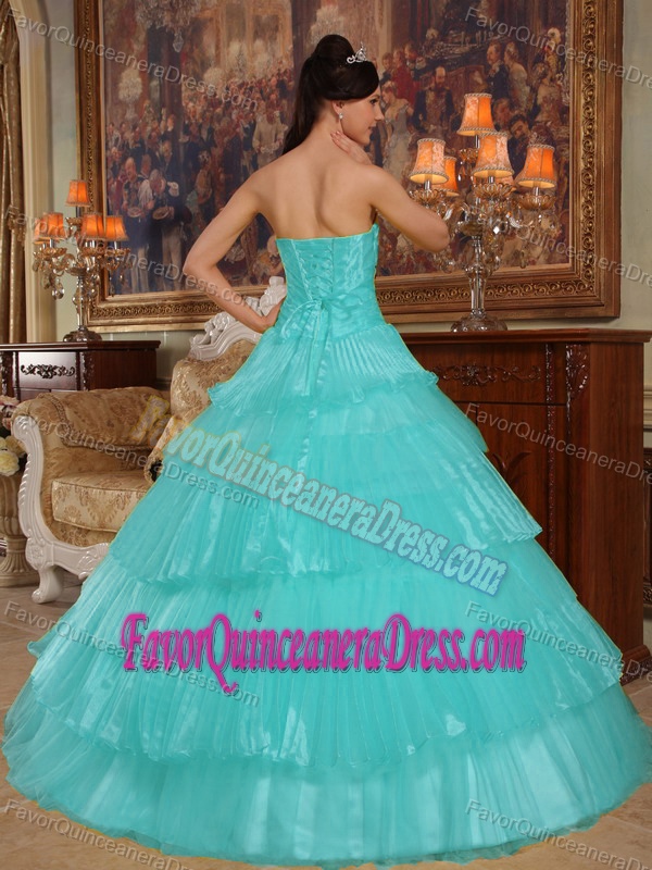 Aqua Blue Strapless Organza Quinceanera Dress with Appliques Best for Girls