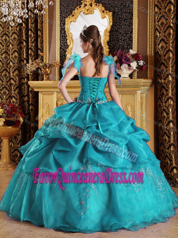 Teal Spaghetti Straps Appliqued Quinceanera Dress Made in Organza Fabric