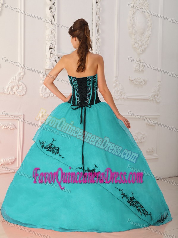 Turquoise Strapless Satin and Organza Quinceanera Dress with Embroidery