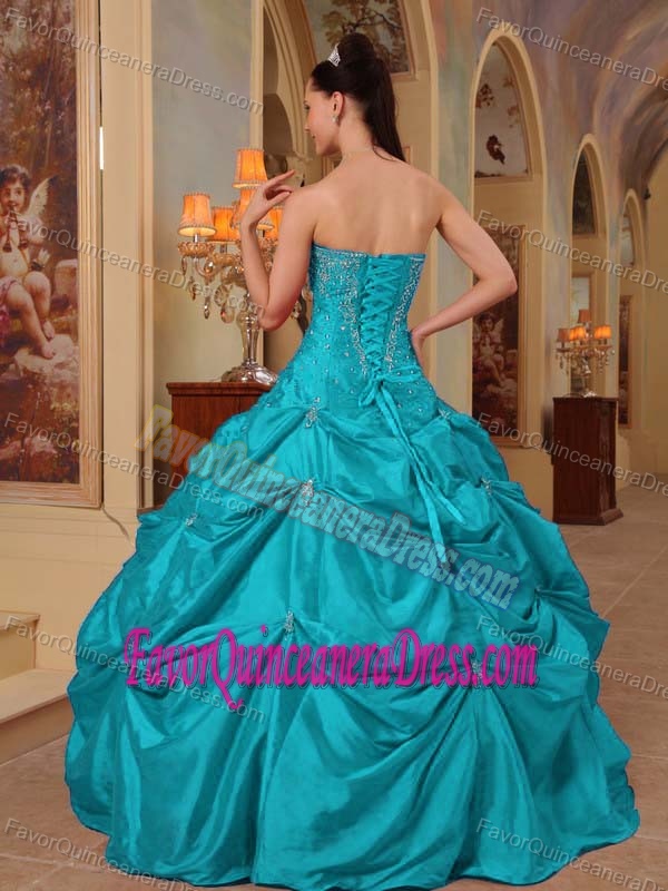 Turquoise Strapless Taffeta Quinceanera Dress with Beading and Embroidery