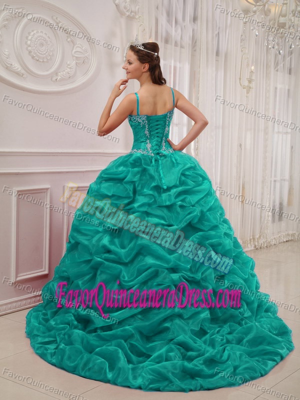 Spaghetti Straps Organza Quinceanera Dresses with Appliques in Turquoise