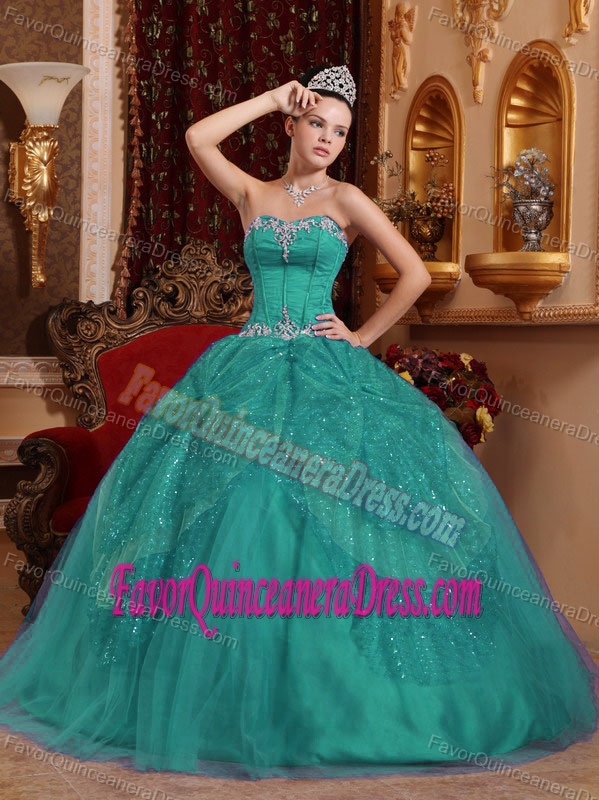 Appliqued Sweetheart Tulle Quinceanera Dress in Turquoise Popular in 2013