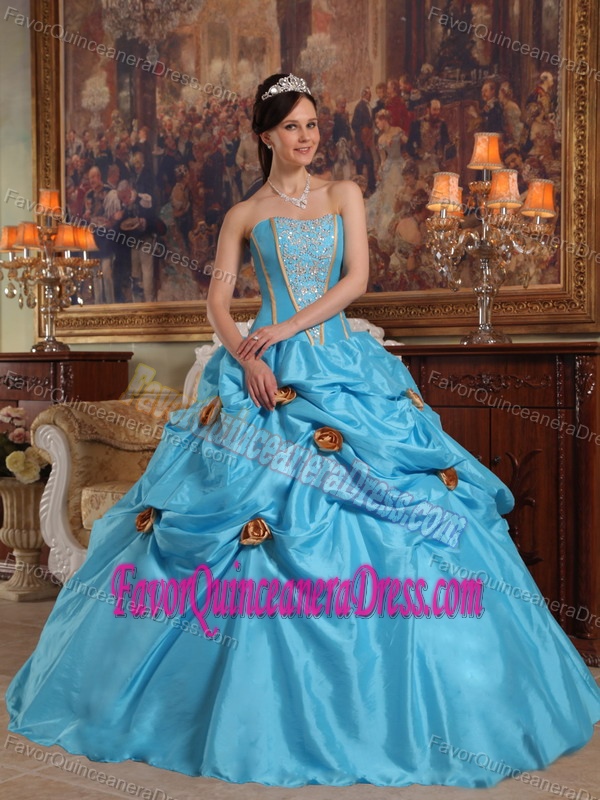Teal Strapless Beaded Taffeta Quinceanera Dresses with Special 3D Flowers