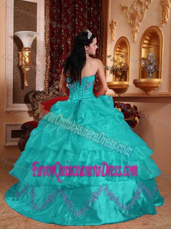 Turquoise Strapless Beaded Quinceanera Dresses with Pick Ups in Organza