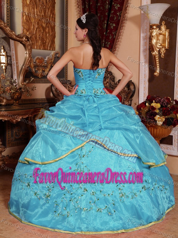 Appliqued Strapless Organza Quinceanera Dress with Pick Ups in Aqua Blue