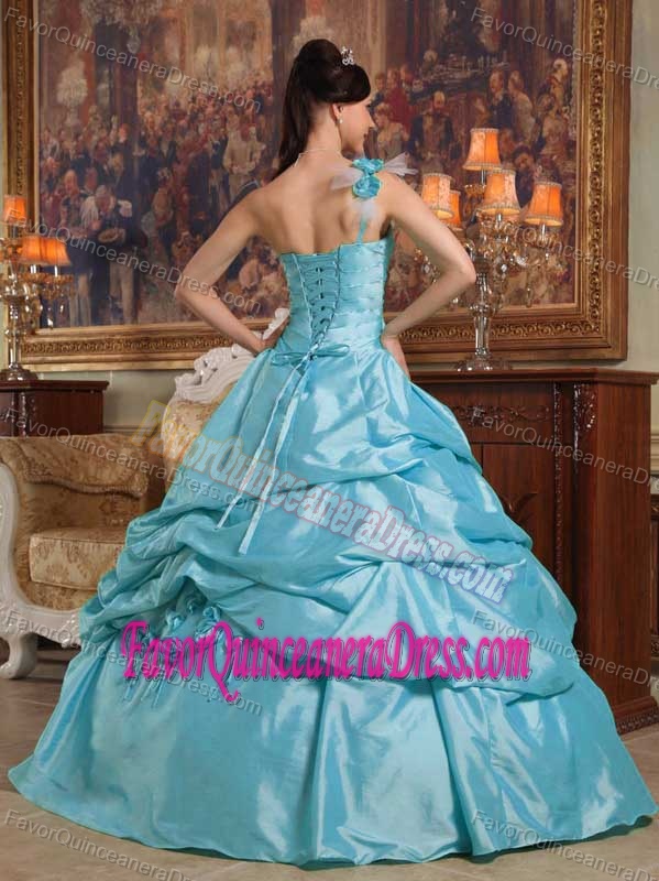 Baby Blue Single Shoulder Taffeta Quinceanera Dresses with Hand Flowers
