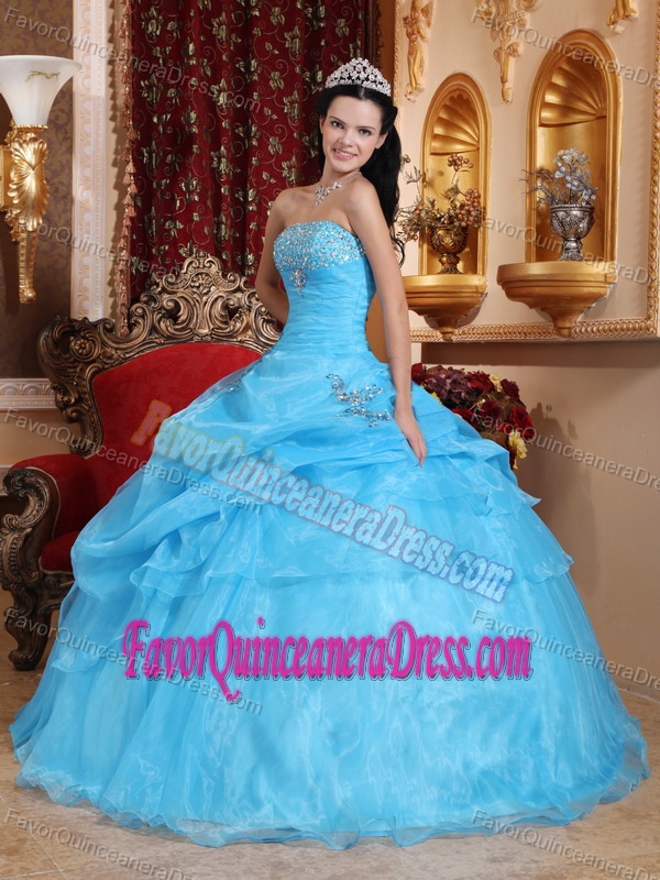 Unique Strapless Beaded Organza Quinceanera Dress with Pick Ups on Sale