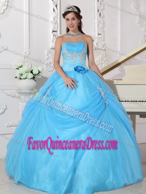 Appliqued Strapless Taffeta and Organza Quinceanera Dress with Hand Flower