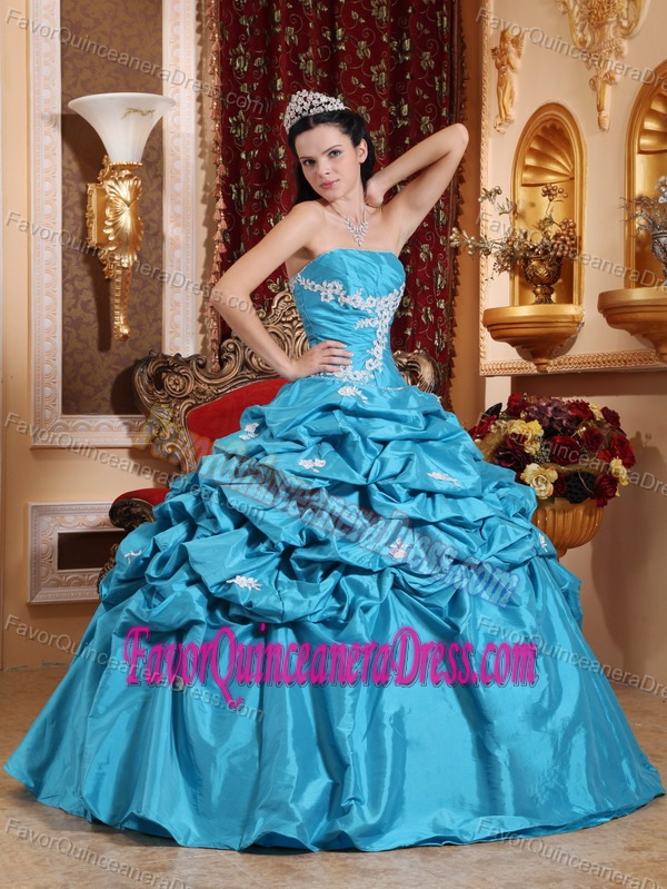 Aqua Blue Strapless Taffeta Quinceanera Dress with Appliques and Pick Ups