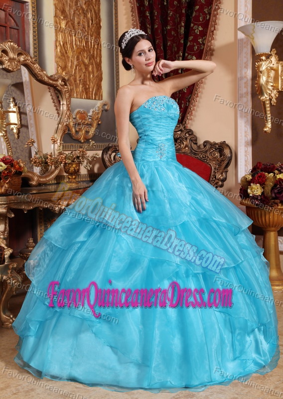Aqua Blue Strapless Beaded Quinceanera Dresses with Ruffles in Organza