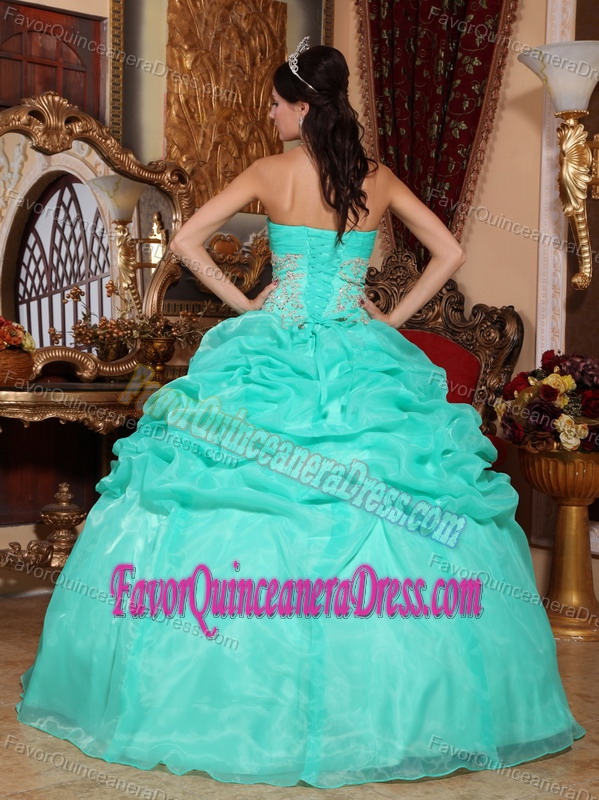 Turquoise Strapless Appliqued Quinceanera Dress with Pick Ups in Organza