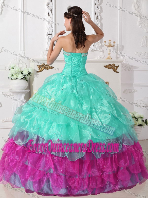 Colorful Strapless Appliqued Quinceanera Dress with Beading and Ruffles