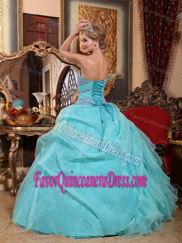 Baby Blue Strapless Organza Quinceanera Dress with Ruffles and Appliques