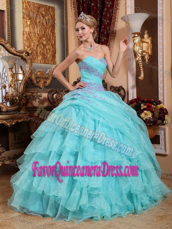 Baby Blue Strapless Organza Quinceanera Dress with Ruffles and Appliques