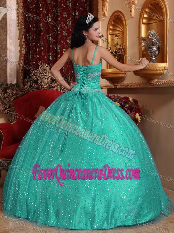 Spaghetti Straps Sequined Quinceanera Dress with Beading in Turquoise