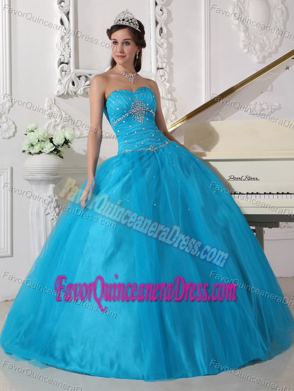 Beaded Strapless Floor-length Tulle Quinceanera Dresses with Ruching