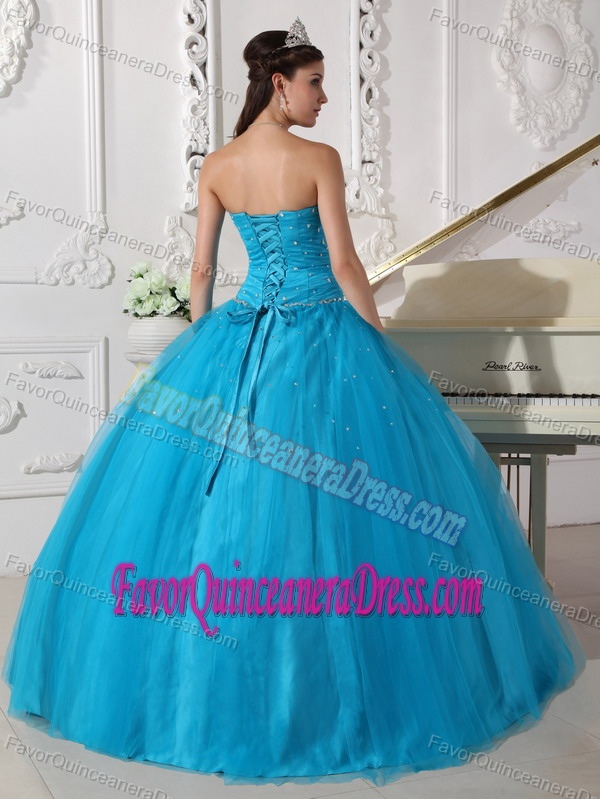 Beaded Strapless Floor-length Tulle Quinceanera Dresses with Ruching