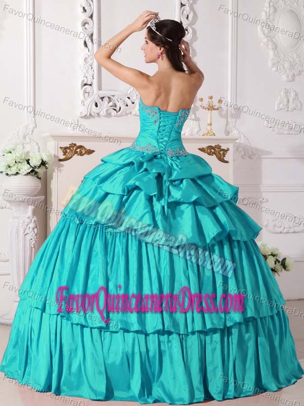 Turquoise Sweetheart Taffeta Beaded Quinceanera Dress with Pick Ups