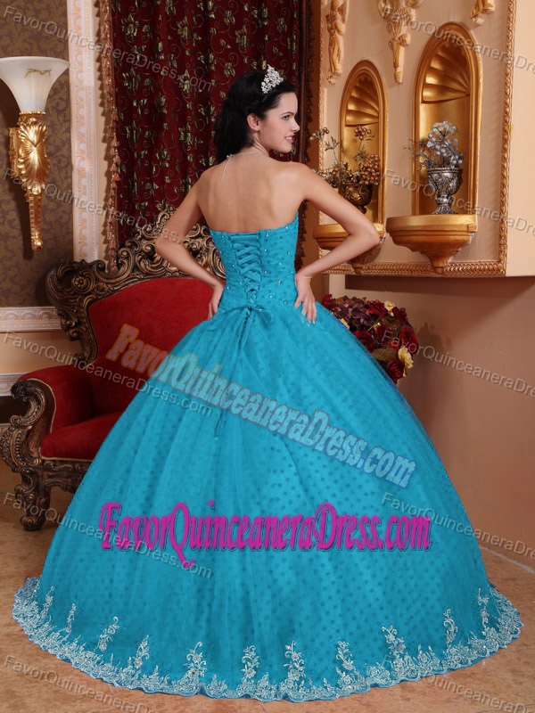 Aqua Blue Strapless Lace Appliqued Quinceanera Dresses Made in Tulle