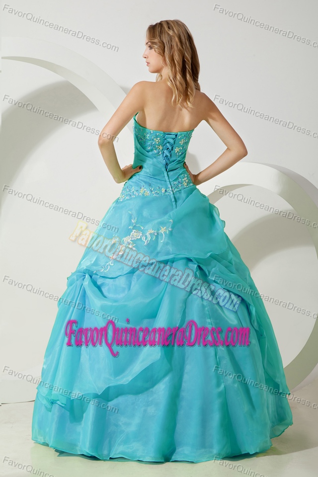 Aqua Blue Strapless Embroidery Quinceanera Dress Made in Chiffon Fabric