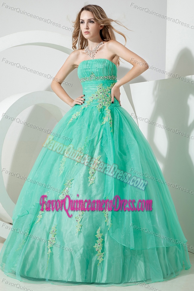 Turquoise Strapless Beaded Organza Quinceanera Dress with Embroidery