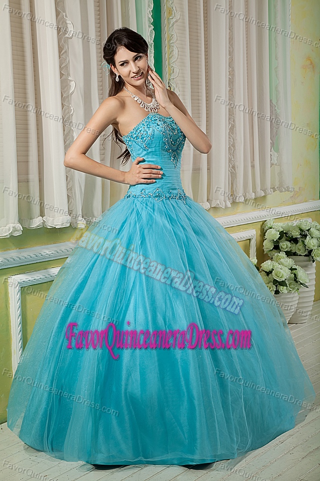 Teal Sweetheart Floor-length Tulle Quinceanera Dresses with Beading