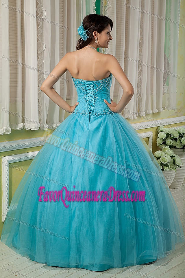 Teal Sweetheart Floor-length Tulle Quinceanera Dresses with Beading