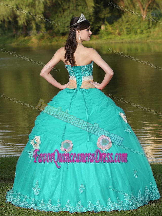 Cheap Strapless Tulle Taffeta Turquoise Quinceanera Gown with Flowers