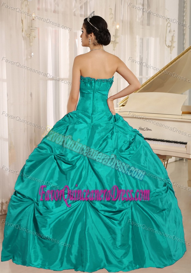 Customized Turquoise Taffeta Ball Gown Quince Dress with Pick-ups in Style