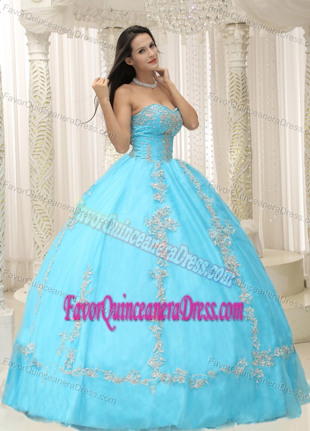 Modernistic Beaded Appliqued Aqua Blue Quinceanera Gown in Tulle Satin