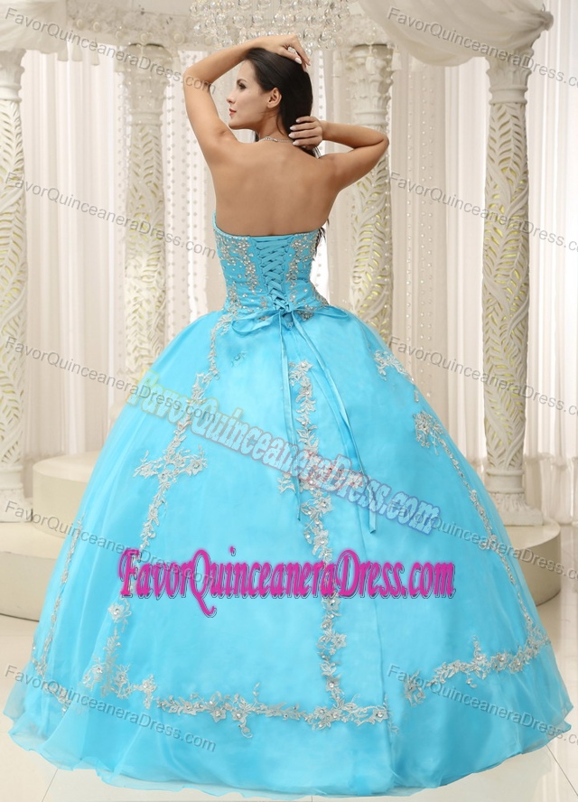 Modernistic Beaded Appliqued Aqua Blue Quinceanera Gown in Tulle Satin