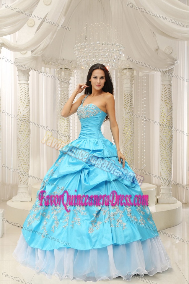 Fabulous One Shoulder Organza Taffeta Aqua Blue Quince Dress in Style
