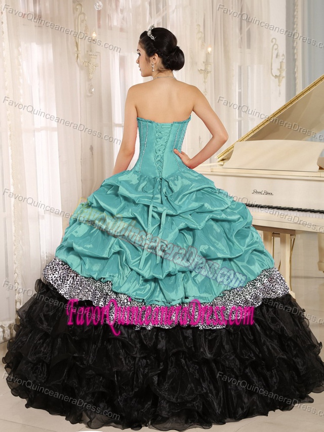 Low Price Leopard Print Turquoise Quinceanera Gown in Organza and Taffeta