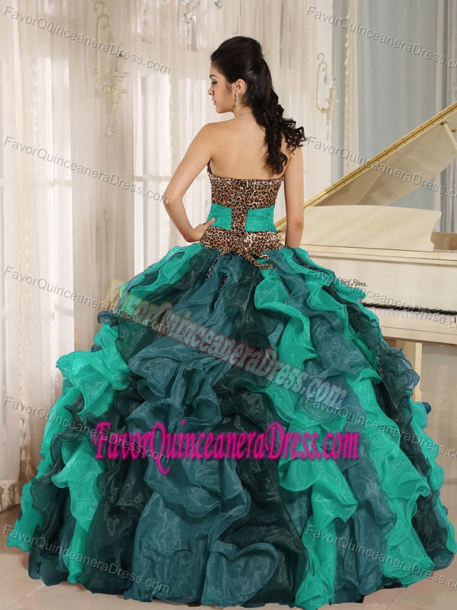 Romantic Slot Neck Leopard Print Ruffled Colorful Quince Dress in Organza